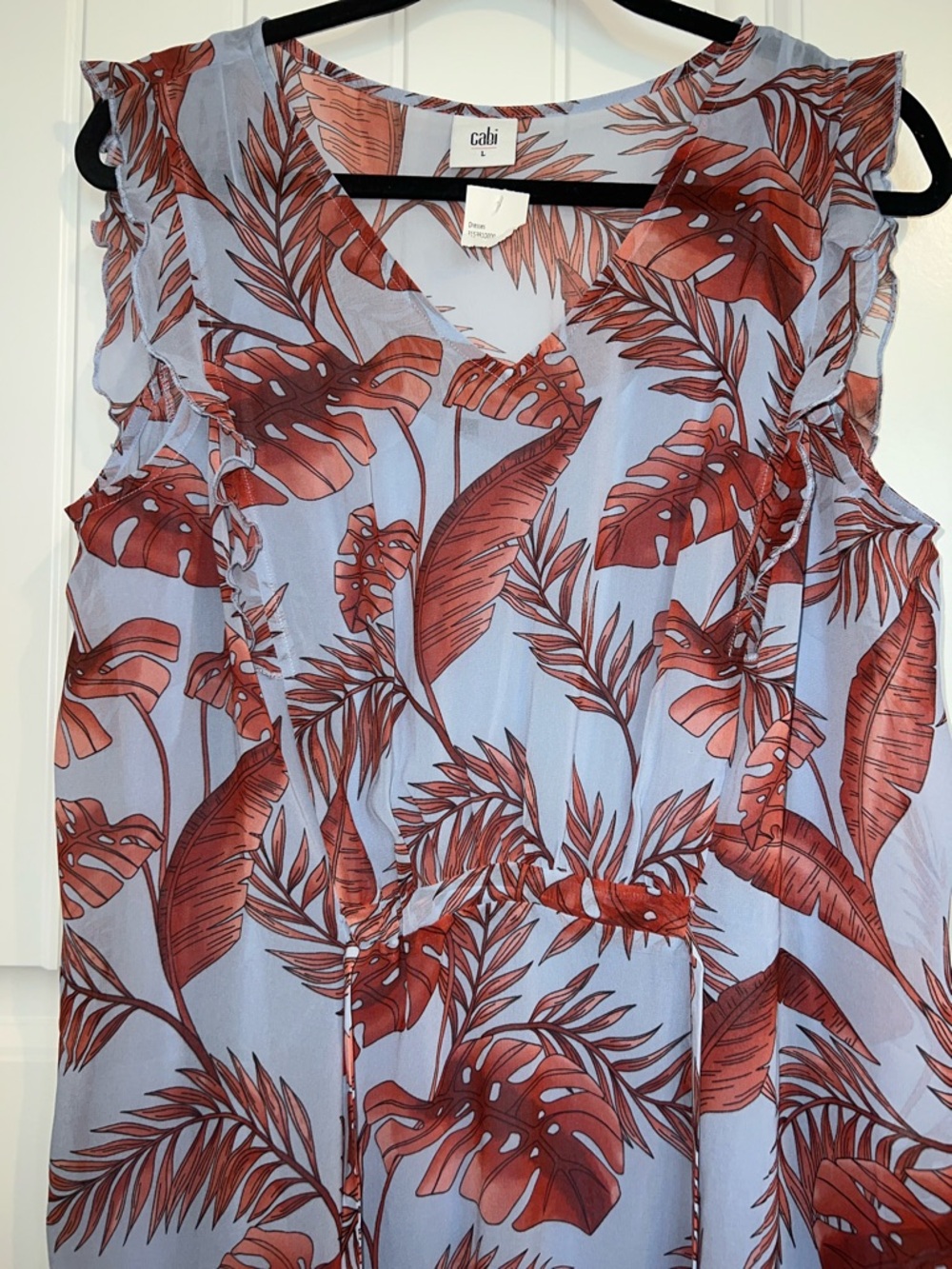 NWT! CAbi Isabel V-Neck Mini Dress in Light Blue with Coral Leaf Print Size L - Picture 11 of 16